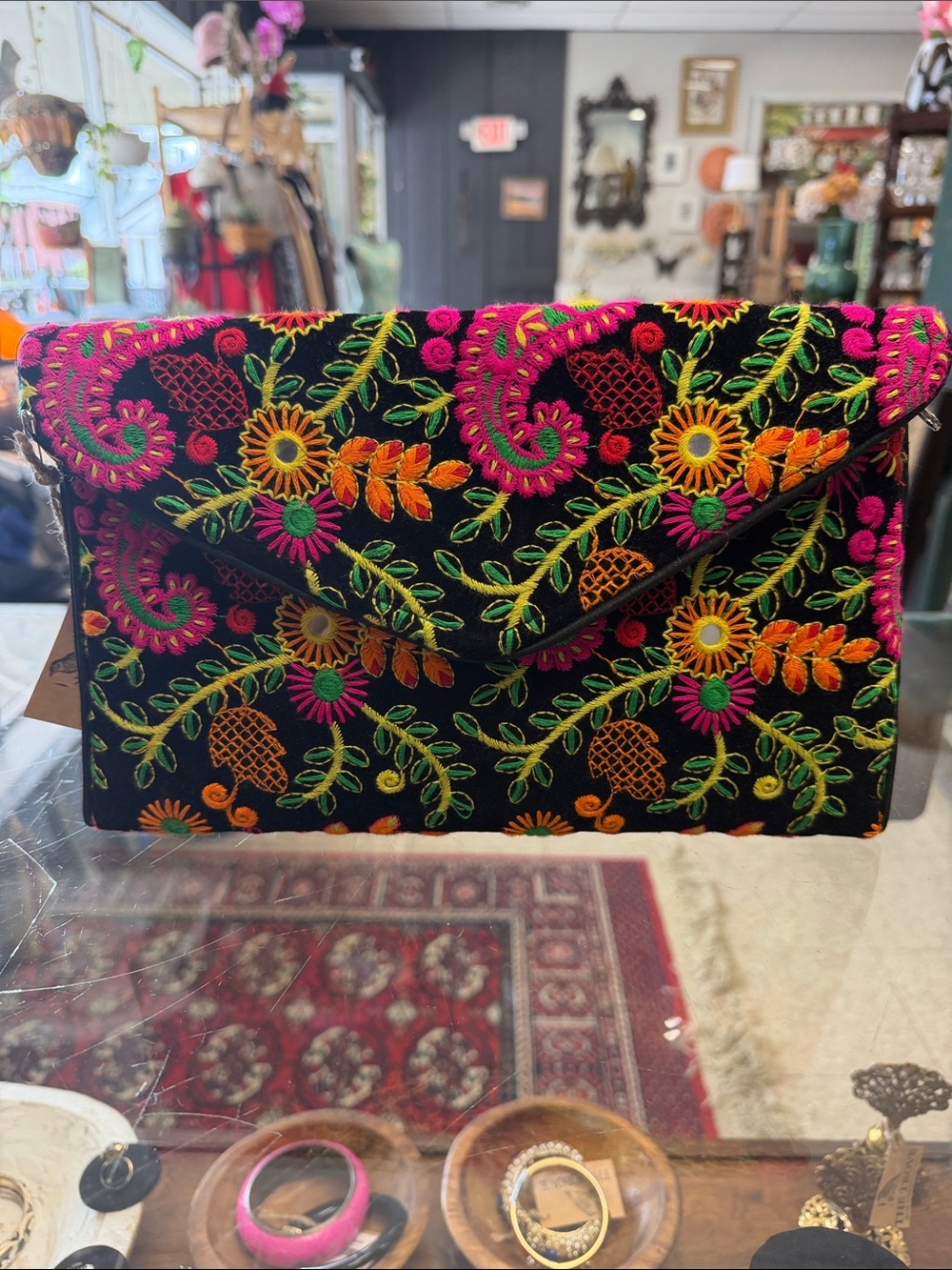 Embroidered Floral Black Envelope Clutch - Handcrafted Textile Design